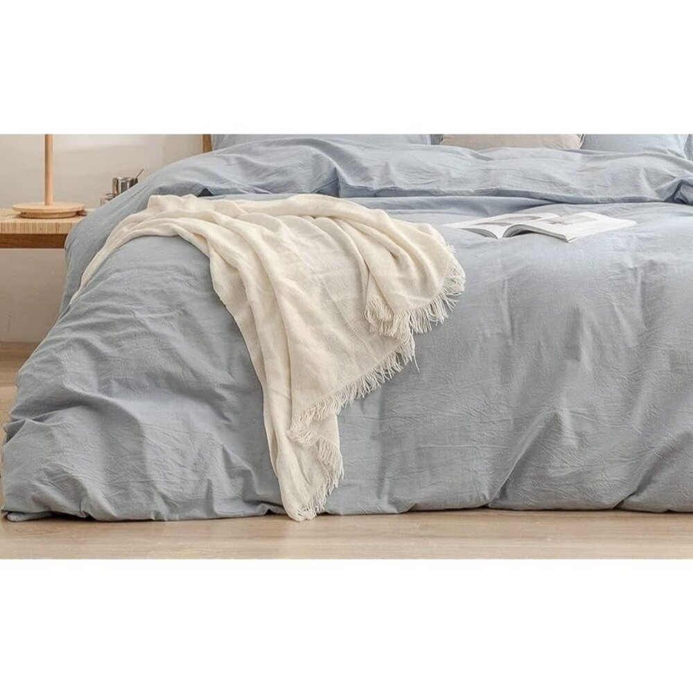 Light Blue Cotton Duvet Cover with Cream Throw - Home Bedding